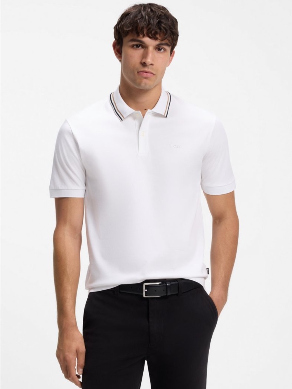 BOSS White Slim fit Cotton Polo Shirt with Striped Collar size Large NWT